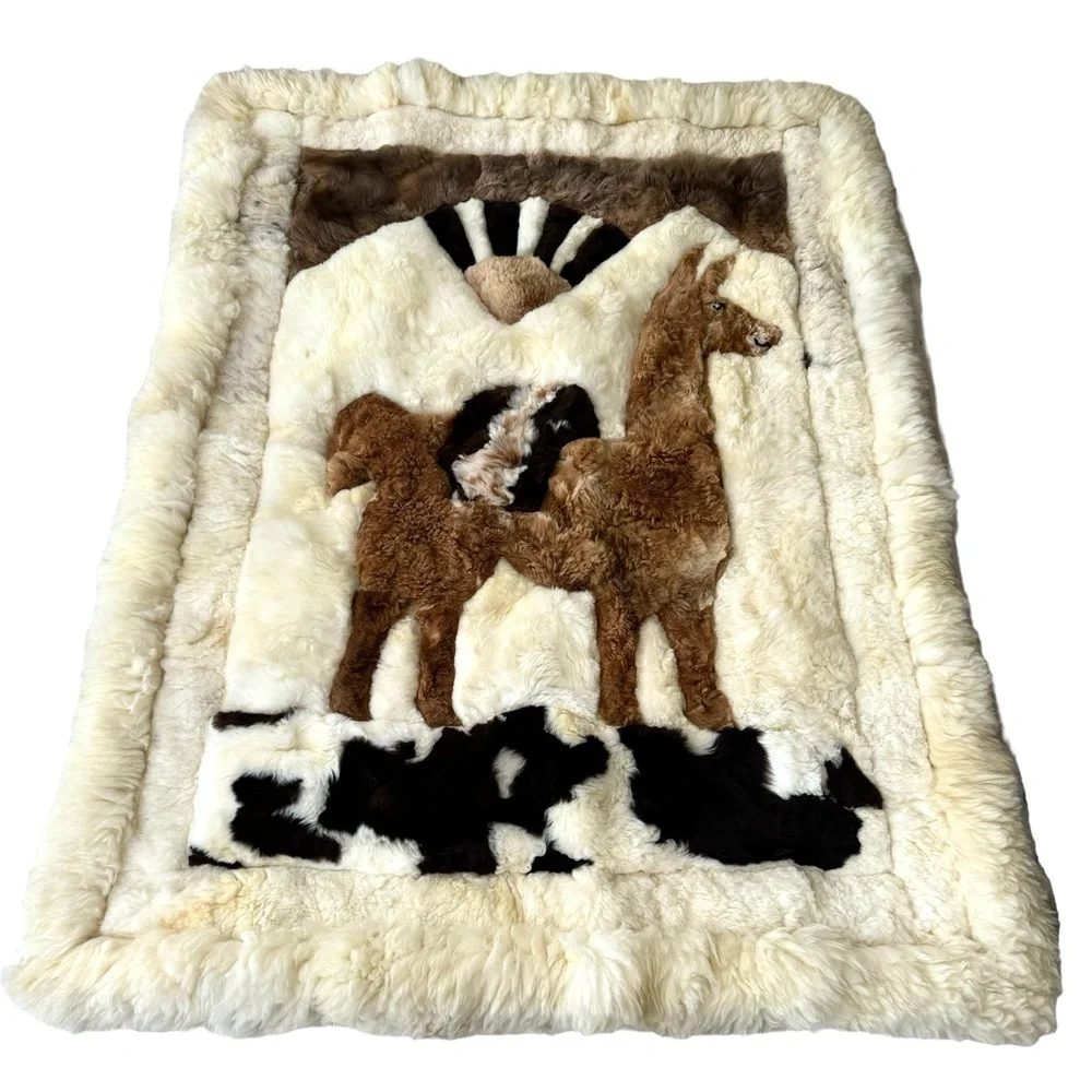 Vintage Alpaca Rug Wool Llama Fur Peruvian Size 65” x 50”